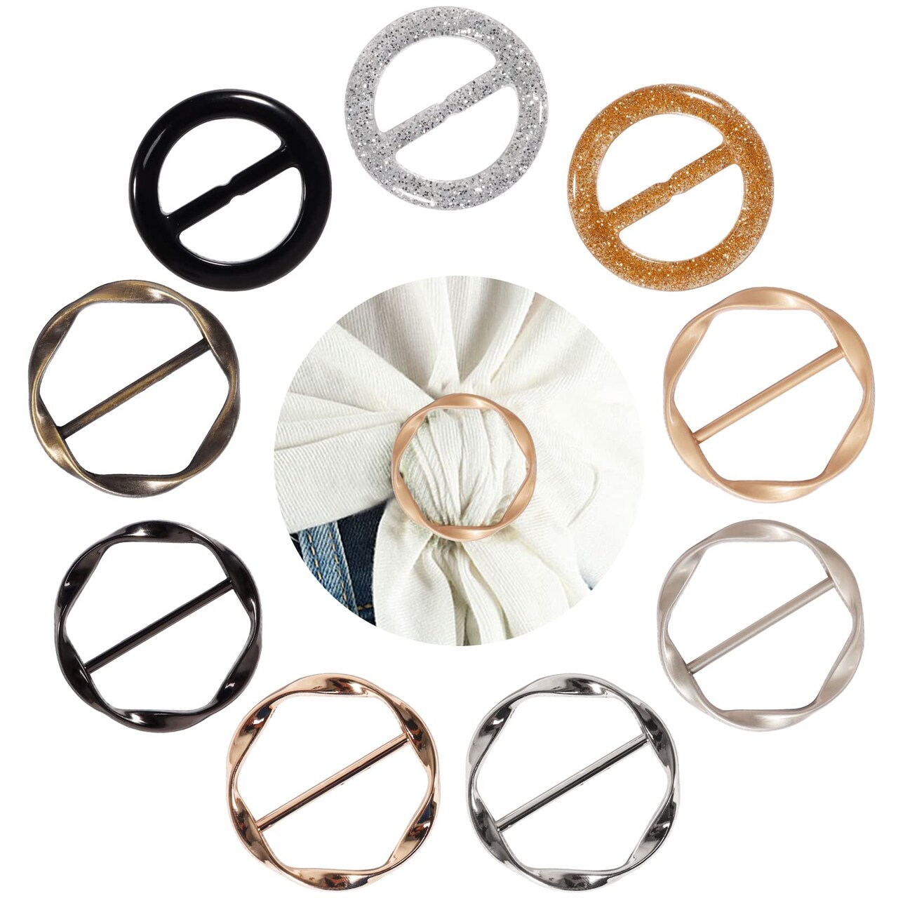 T-Shirt Clips 9 PCS, Silk Scarf Ring, Fashion Alloy Resin Circle Buckle, Clothing Clasp Ring for Women Shawl Clothes Decoration (Type-4)